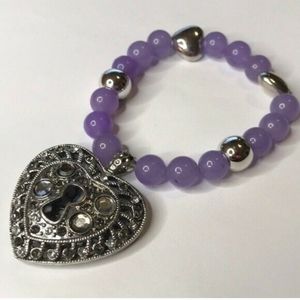 Genuine Amethyst & Silver Tone Beaded Stretch Bracelet Heart Charm